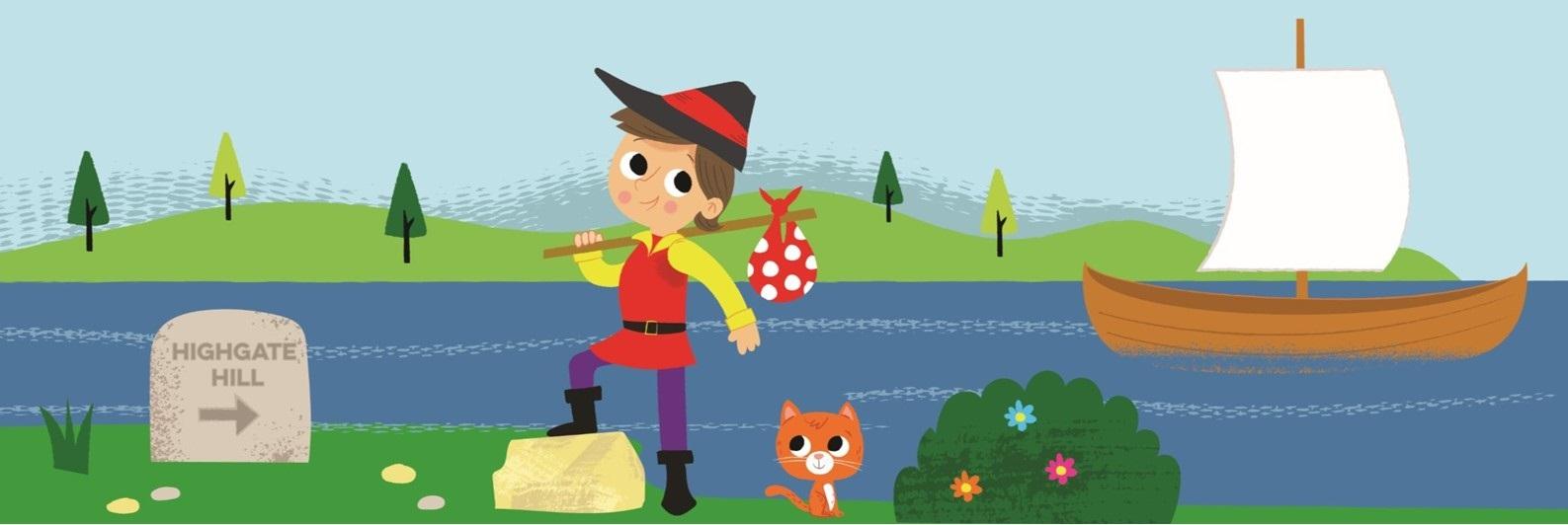 An animated drawing of a boy (Dick Whittington) stood in front of the river thames with a boat sailing in the background