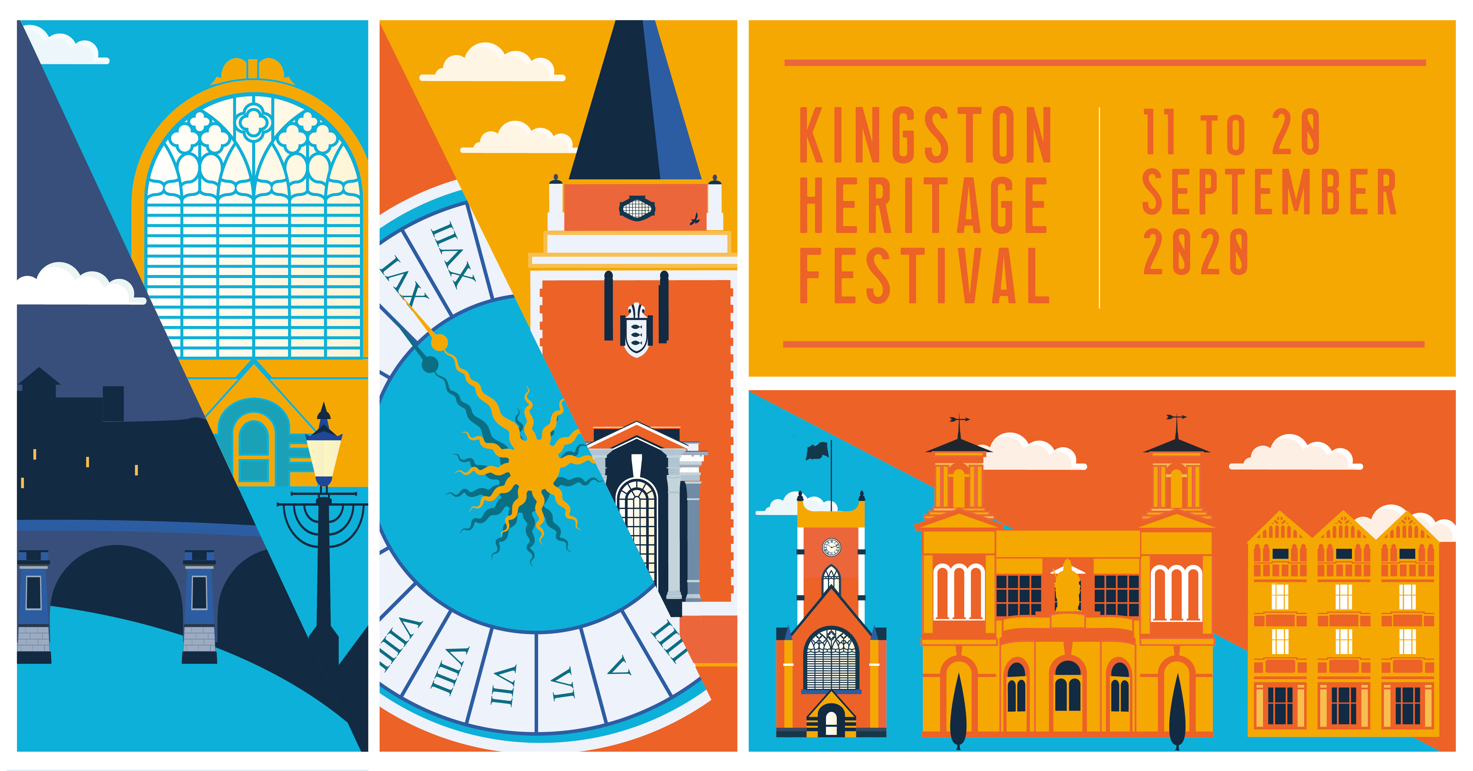 Simplistic drawings in bright colours of famous buildings from the borough including the guildhall, Kingston bridge and market place