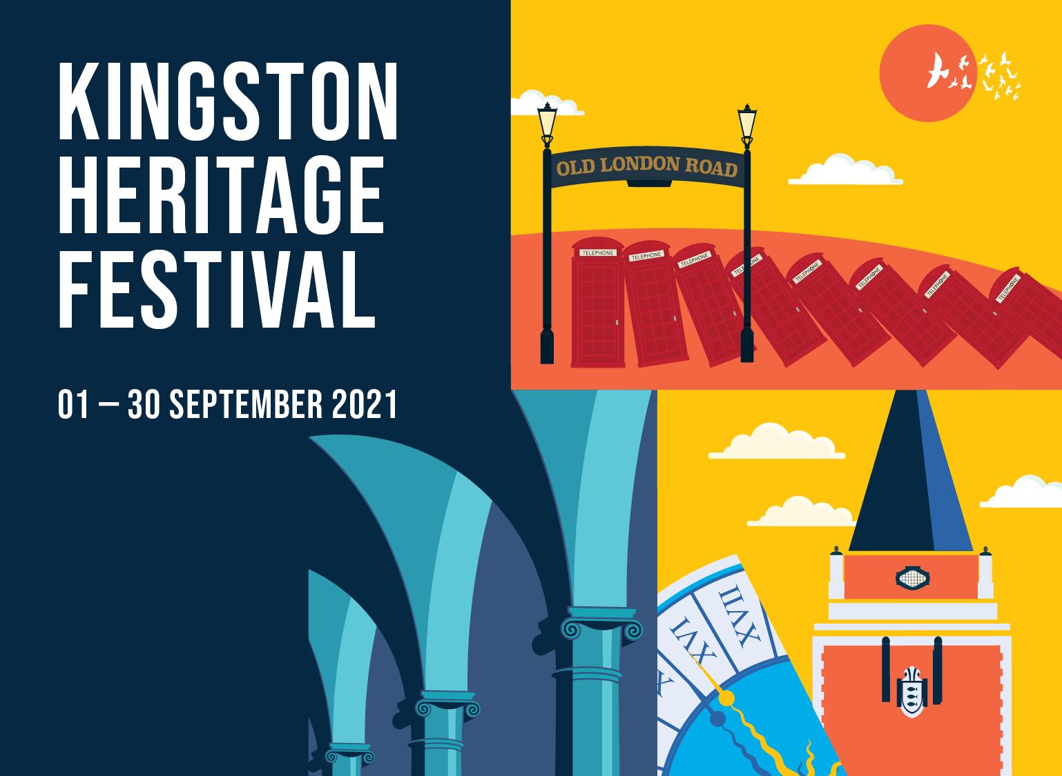 Simplistic drawings in bright colours of famous buildings from the borough including the guildhall, Kingston bridge and market place