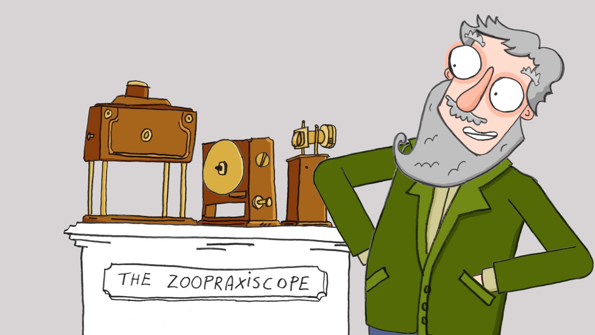 An animated drawing of Muybridge stood next to his zoopraxiscope.