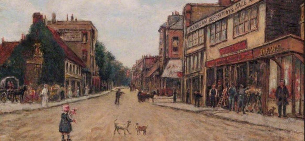 A drawing of Kingston high street from Kingston Museum's art collection