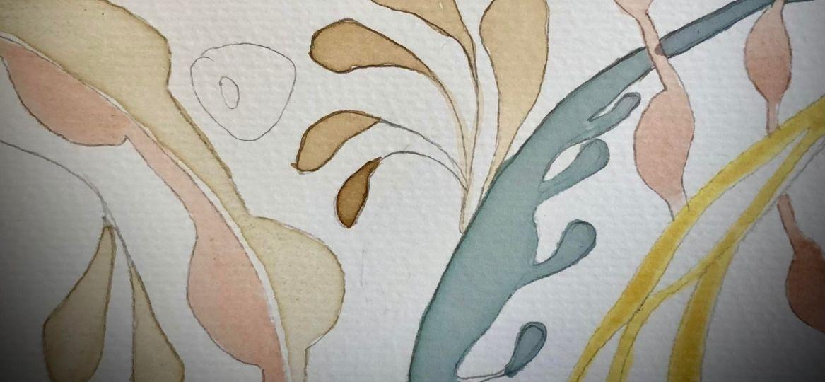 An abstract floral watercolour painting made using natural inks. In muted jewel tones.