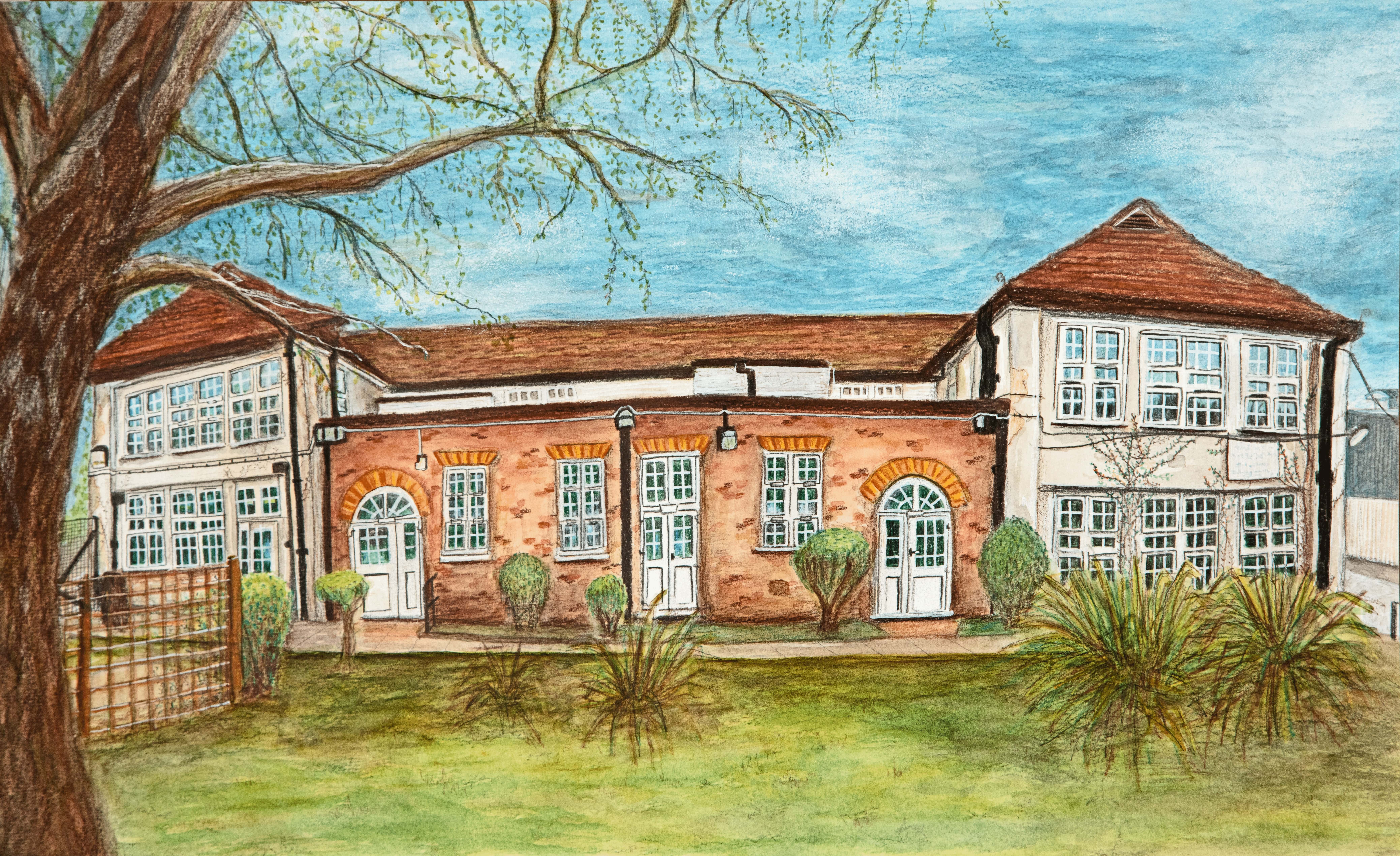 A colour drawing of Old Hollyfield School
