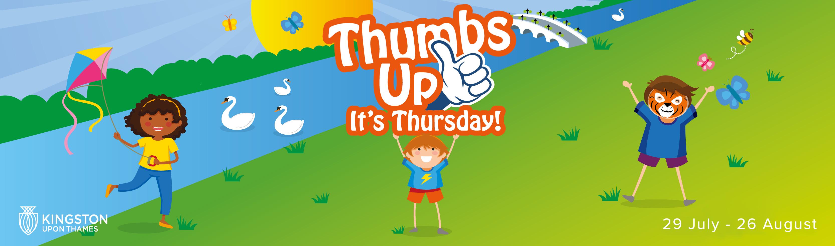 A digital illustration of children playing near the river Thames in Kingston next to the Thumbs Up it's Thursday logo