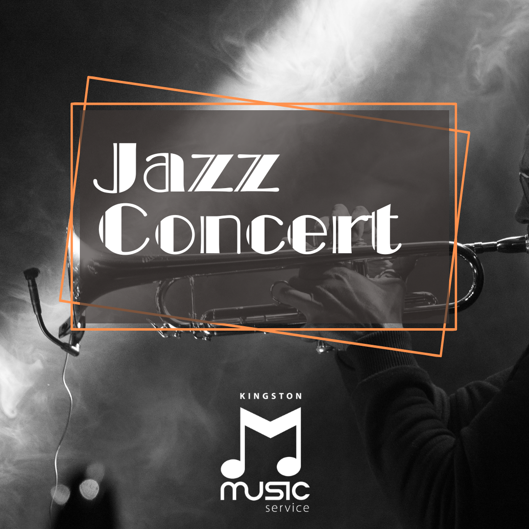 The background is a black and white image of a smokey room with someone holding a trumpet as the main focus. On top is written 'Jazz Concert' in white letters and at the bottom is the KMS logo in white