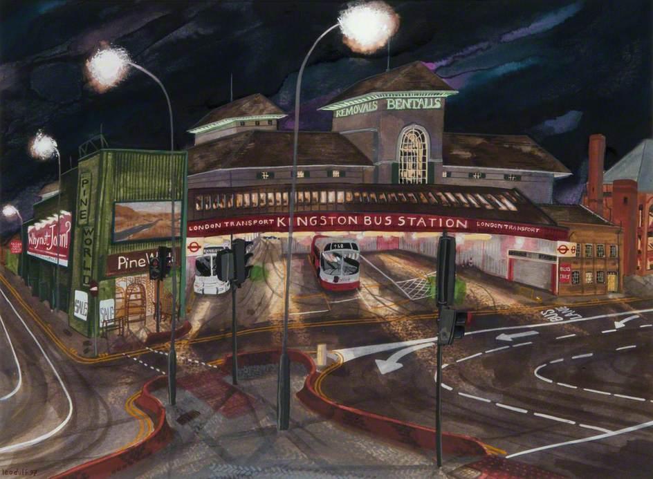 Kingston Bus Station by night, 1997. Acrylic on paper/ 
