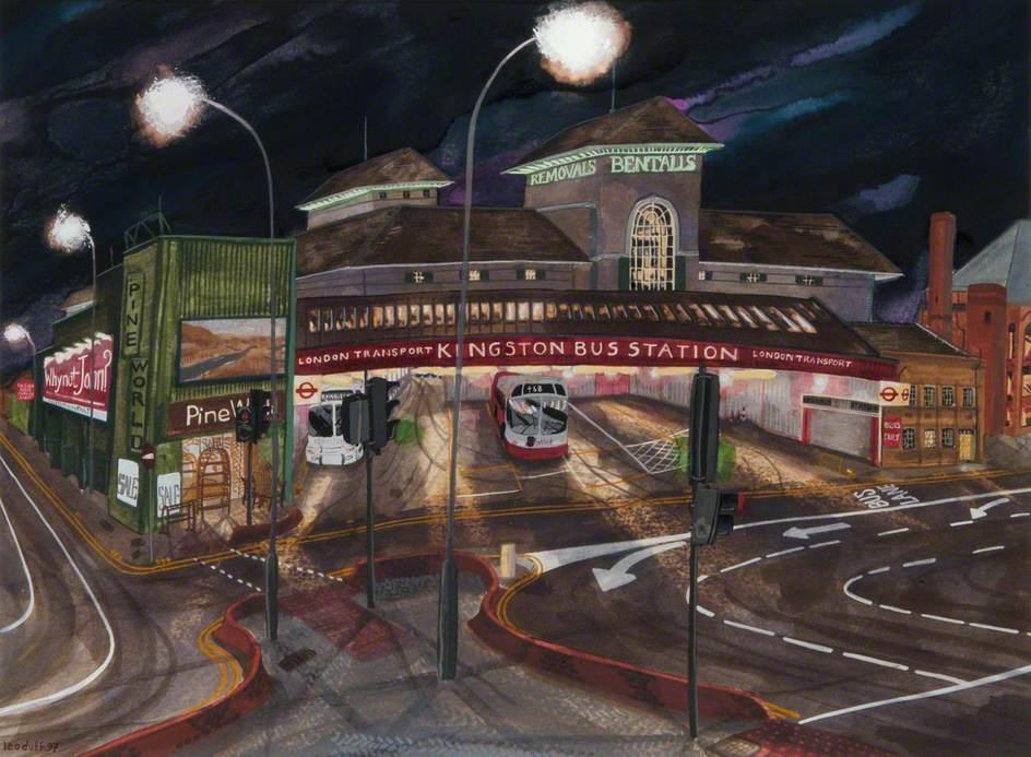 Kingston Bus Station by night, 1997. Acrylic on paper/