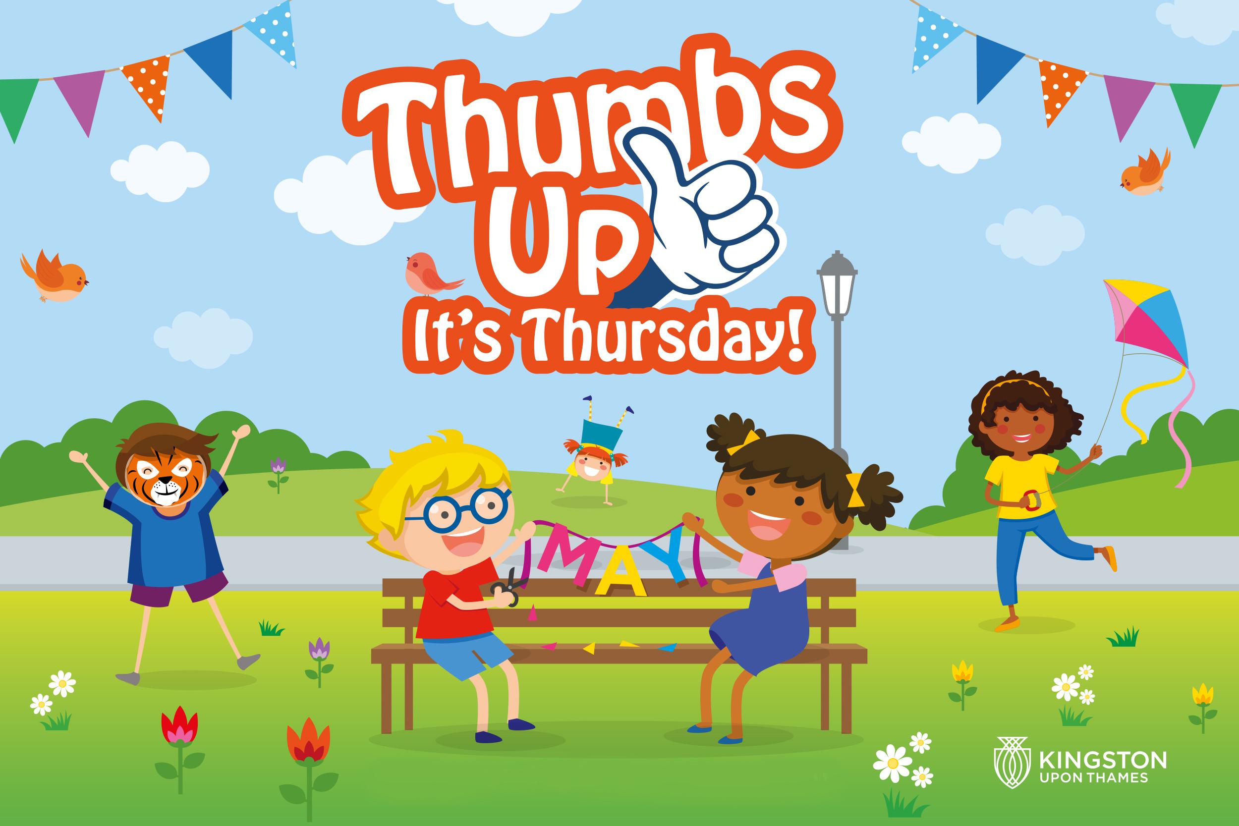 Thumbs Up It&#039;s Thursday logo above illustration of children playing outside