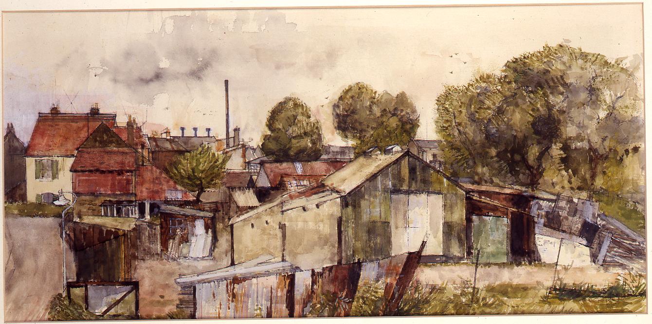 A watercolour painting depicitng the land to the rear of KSA showing the last dairy farm in Kingston, 1958.
