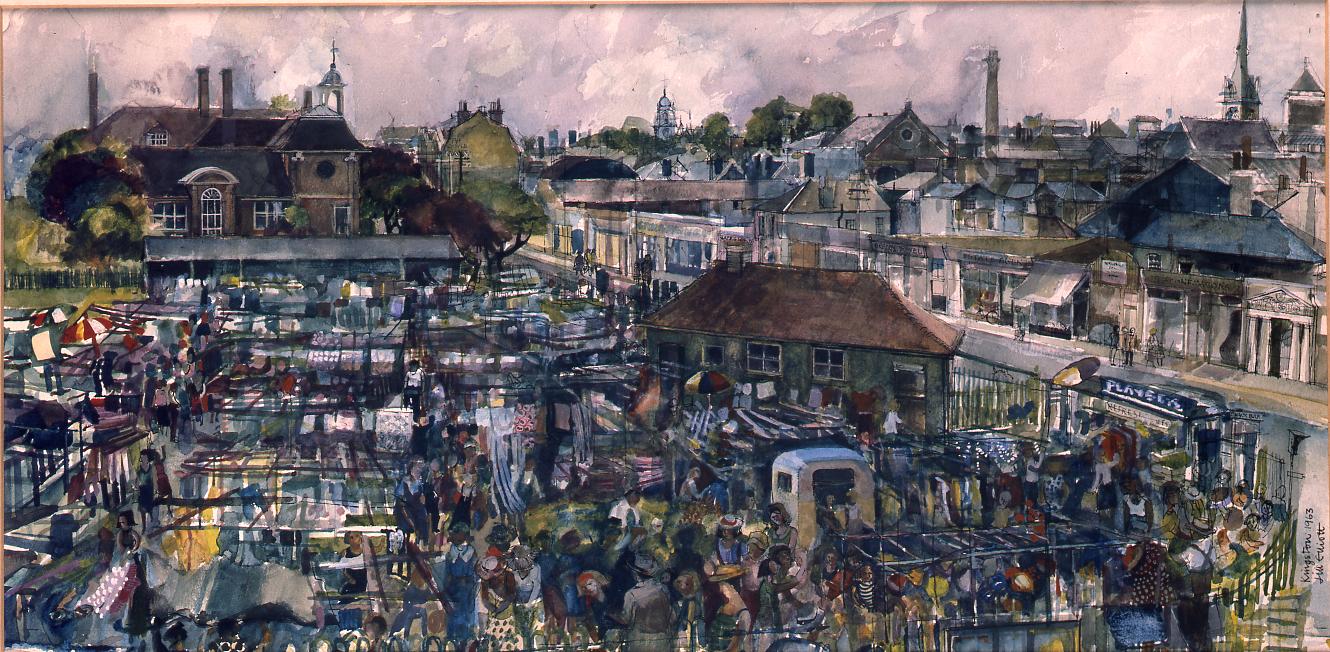 The Monday Market at Fairfield car park 1963
Pen, ink and watercolour with bodycolour