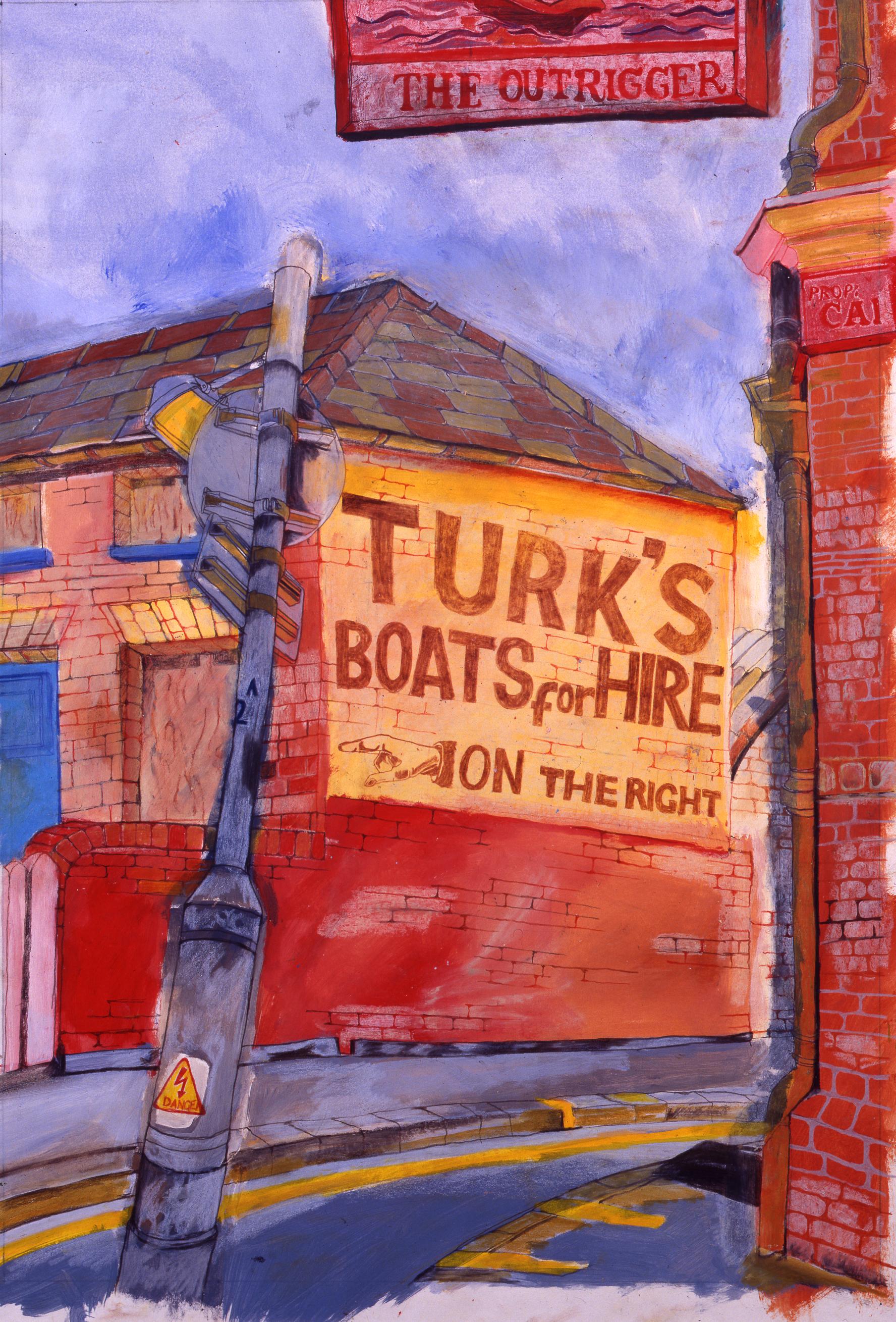 Turk’s Old Homestead, Thames side, 1998 depicted in pen, ink, watercolour and pastel.