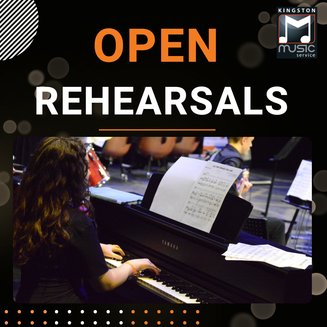 Open Rehearsals at top of page. Picture of pianist from kms band at the bottom