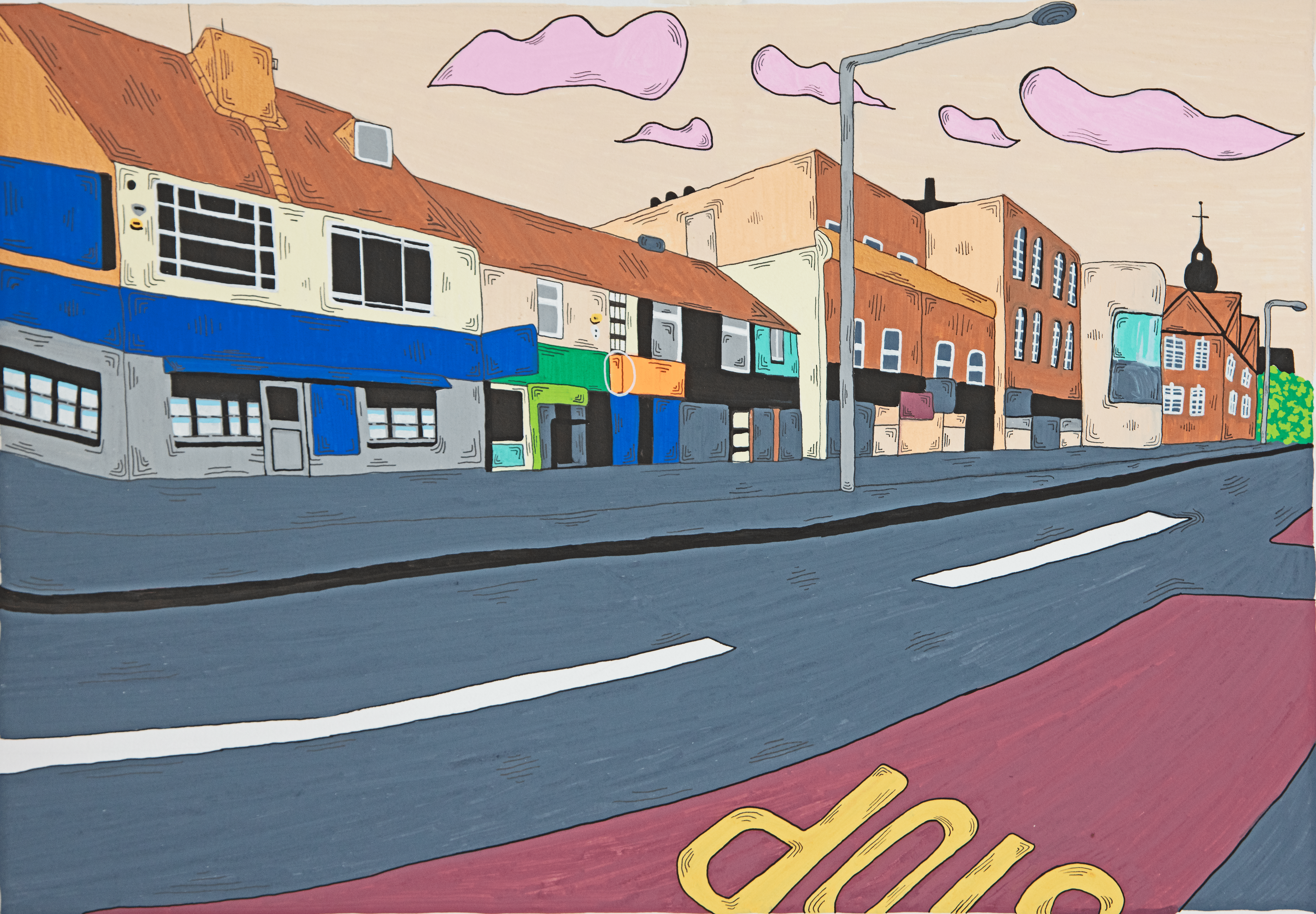 A stylized view of shops on Richmond Road drawn using Posca Pens.