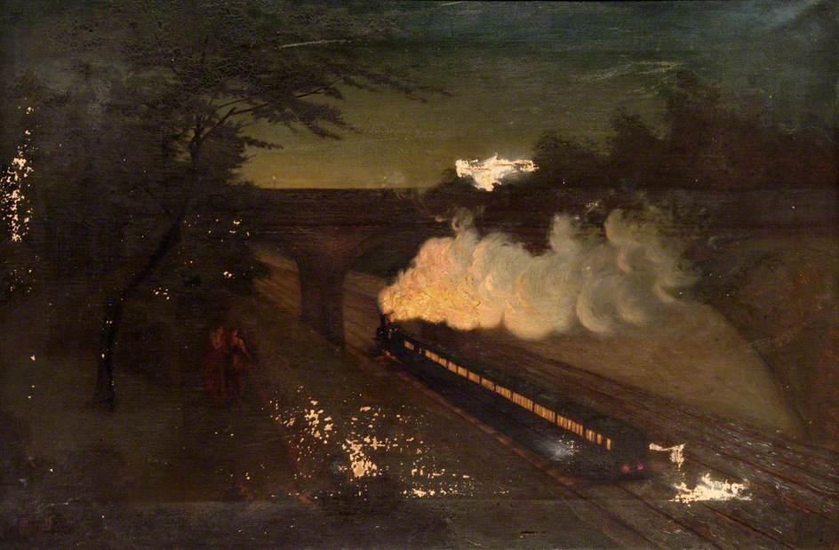 Oil painting of a train departing Surbiton Railway Station towards central London.