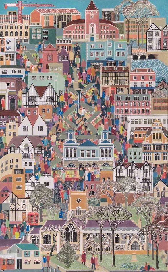 Acrylic stylised painting of Kingston Town featuring landmarks such as the Guildhall, All Saints Church and Market Place.
