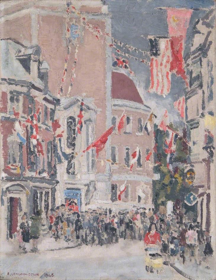 An oil painting of flags lining the streets surrounding Kingston Guildhall.