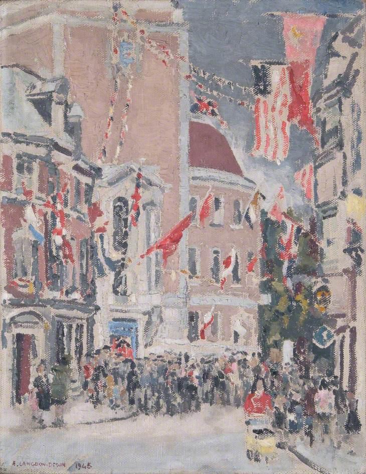 An oil painting of flags lining the streets surrounding Kingston Guildhall.