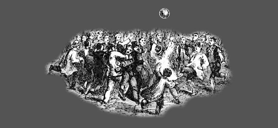 A black and white drawing of people frantically trying to reach a football that is above their heads