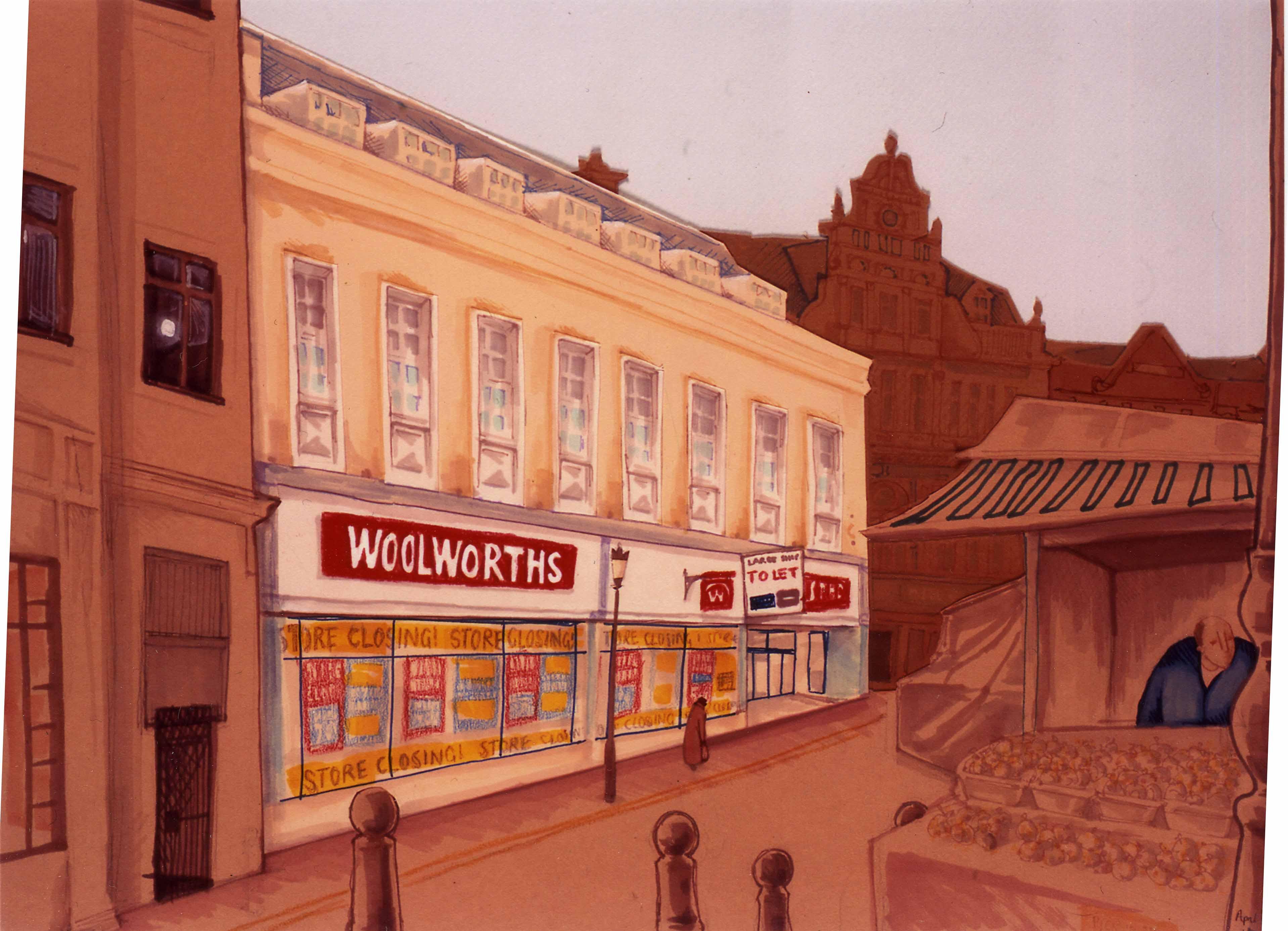Collage with ink and watercolour of Woolworth&#039;s in the Market Place. Made in 2009.