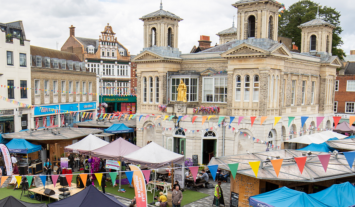 Stalls and bunting on display in Kingston Market place