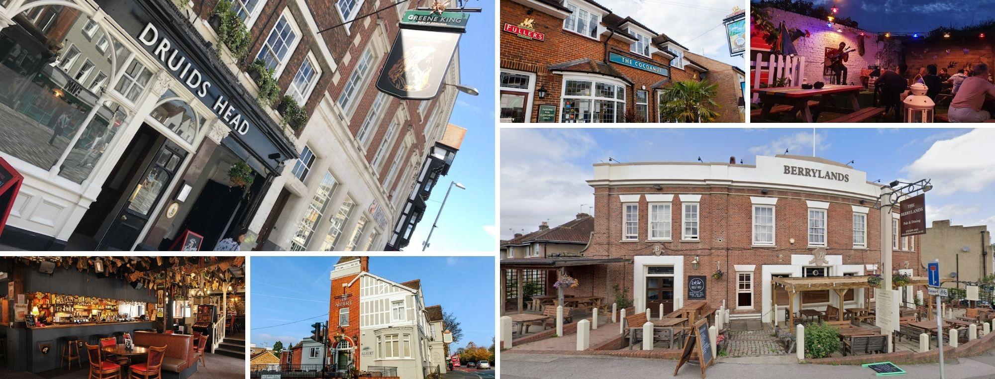 A collage of different pubs from around the borough including the Druids Head, The Cocoanut, The Berrylands and The Albert.