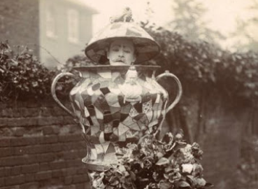 Someone in a costume inspired by the patchwork vase on display at Kingston Museum.