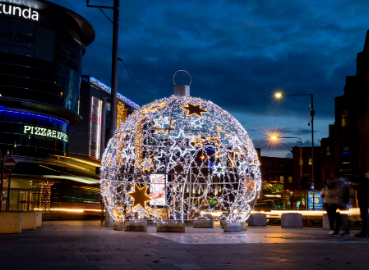 Bauble winter lights outside Kingston Station