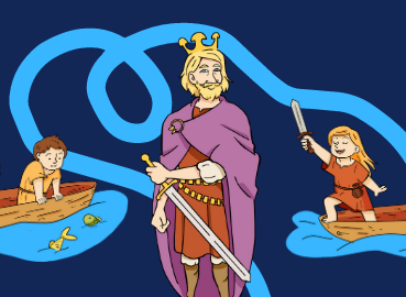 Cartoon drawings of King Aethelstan and some Saxon children stood in front of a river