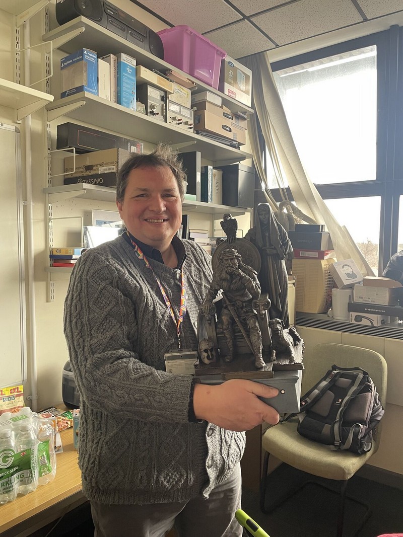 Dr Jarek Francik, Project Lead, with the maquette of the King Æthelstan statue in his office at Kingston University. Photo by Kamaran Fathulla.
