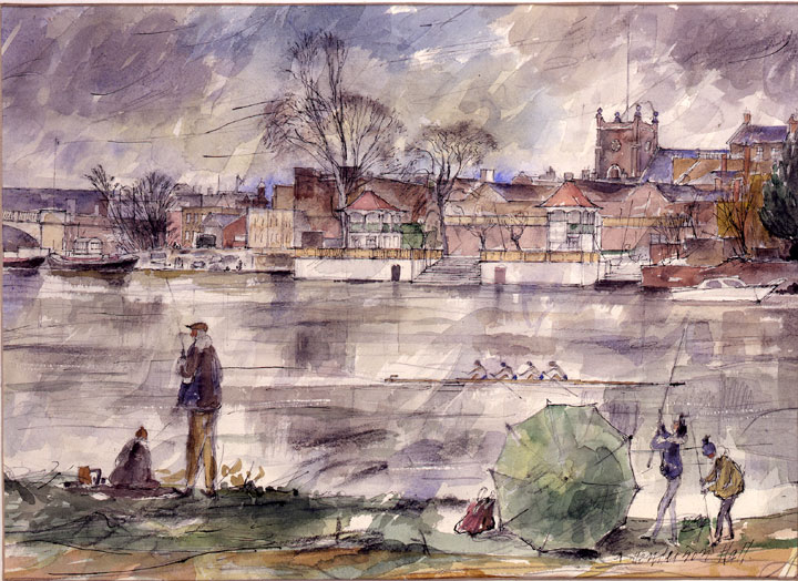 Brill collection Henderson Hall illustrated image of man fishing by the river that flows through town
