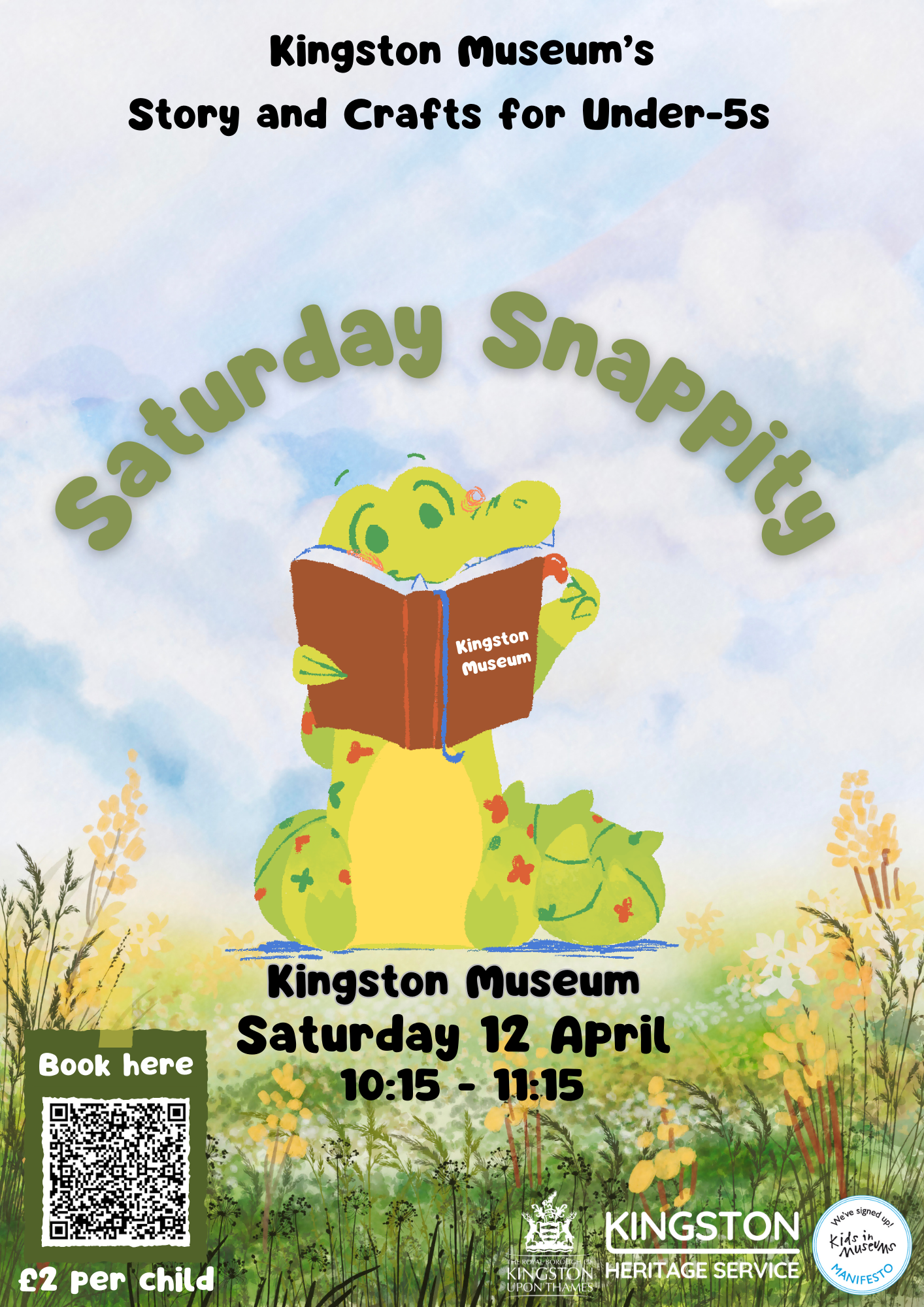 Saturday snappity at Kingston museum on Saturday 12 April between 10:15 am and 11:15 am. QR code is shown and it costs £2 per child. 