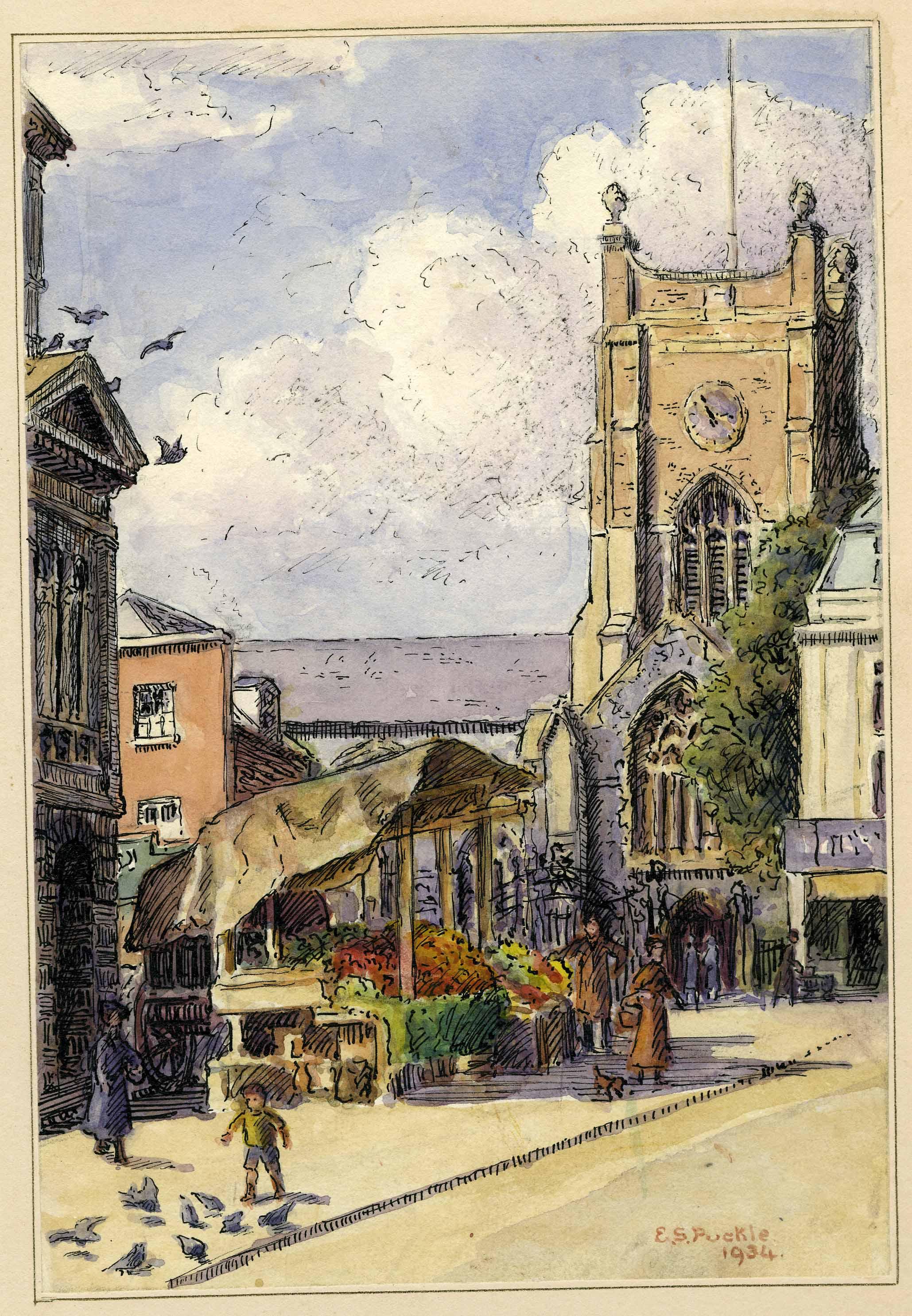 Watercolour painting of kingston market place with the church in the background
