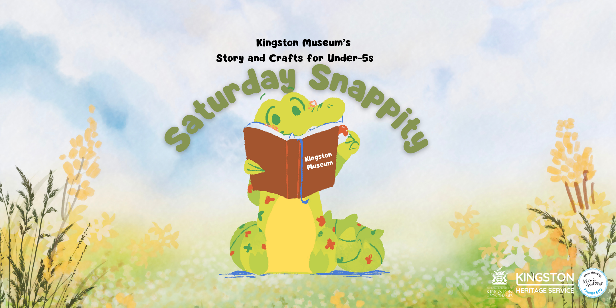 A cartoon of a crocodile reading a book in a field