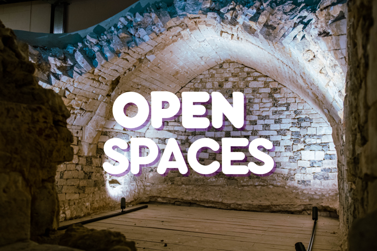 Text reading open spaces with a small exhibit area as the background image
