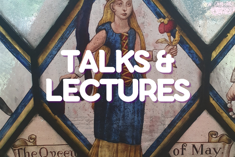text reading talks and lectures with a stain glass window as a background image