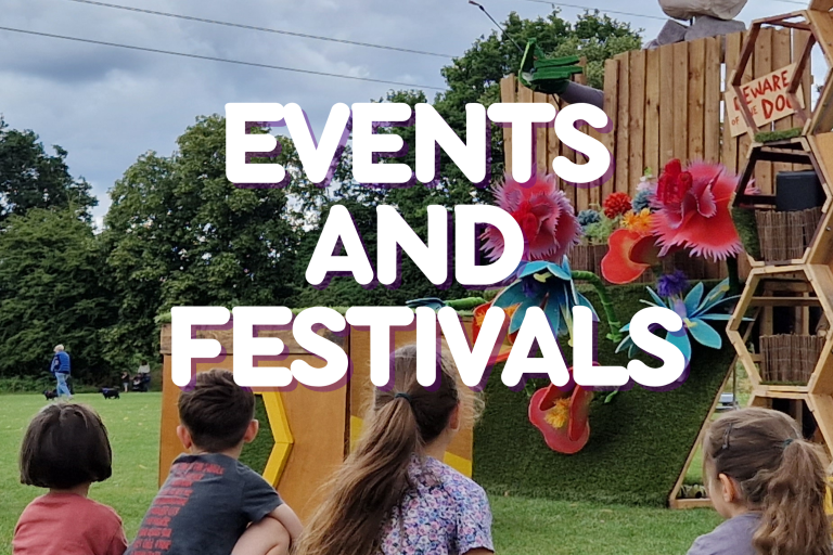 text reads events and festivals with kids watching outdoor activities