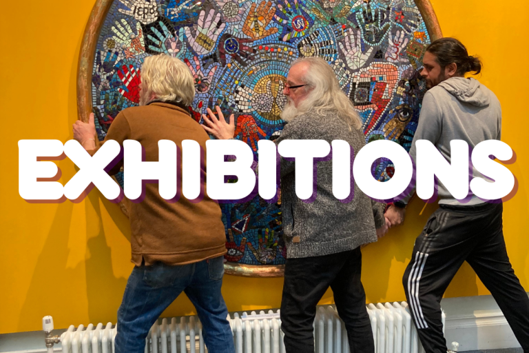 text reading exhibitions with three men interacting with a patterned convex mirror