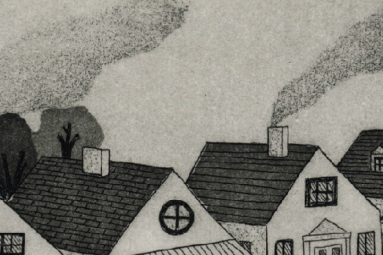 black and white drawing of houses with smoke coming out of the chimneys