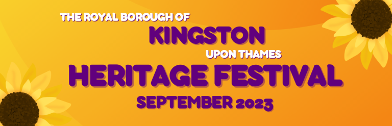 Purple text reading Kingston Upon Thames festival september 2023 on yellow banner 