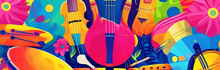 A colourful montage of musical instruments