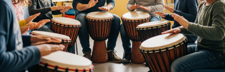 A class of children drumming