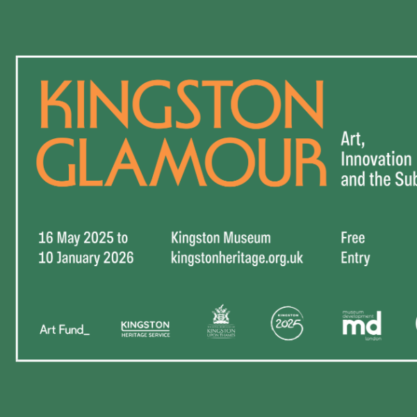 Green banner with text reading Kingston Glamour on the left with an image of a female walking towards a busy market